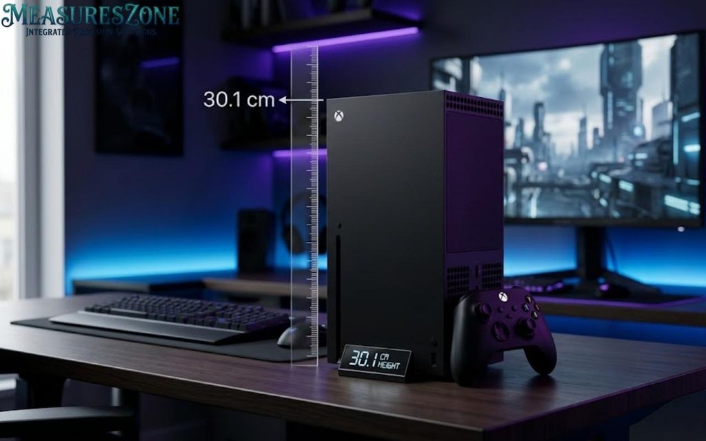 An Xbox Series X next to virtual and digital displays both confirming a 30.1 cm height.
